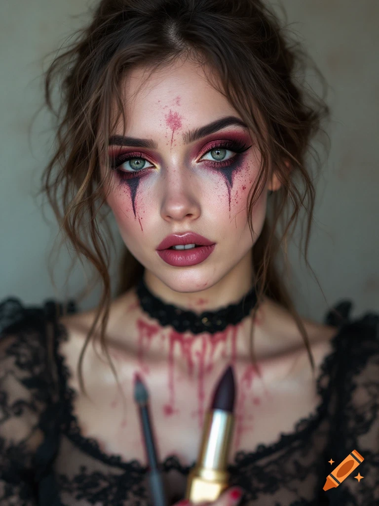 Portrait of a woman with dramatic red and black makeup and fake blood drips, wearing a lace top and choker, holding a lipstick and brush.