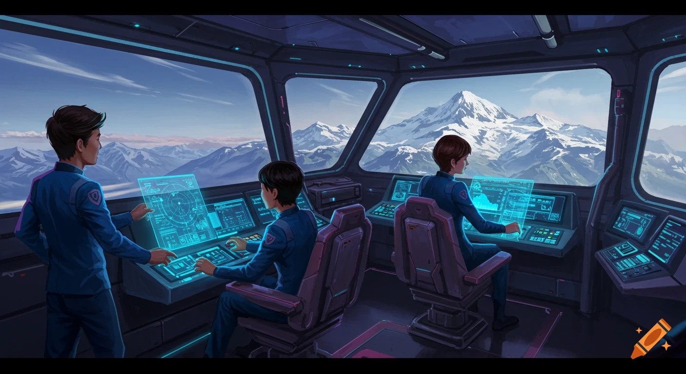Three people in a starship cockpit look out at snowy mountains and clouds.