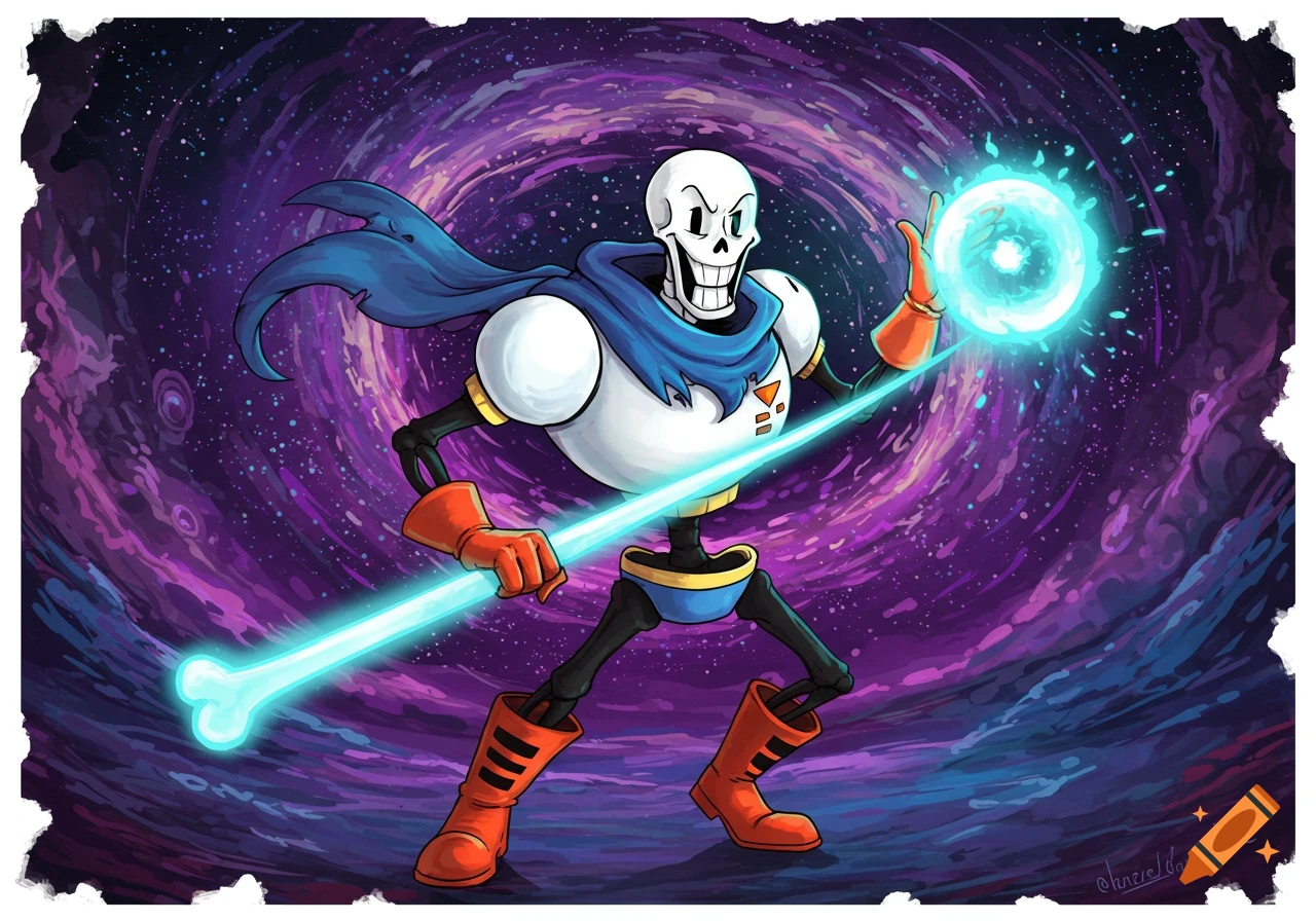 Papyrus from Undertale in space, holding a glowing bone staff and orb.
