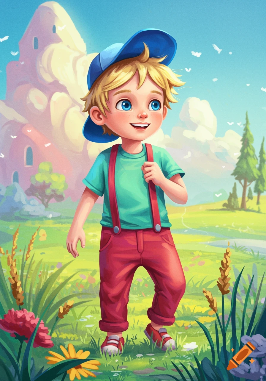 A young boy in a baseball cap and suspenders standing in a vibrant landscape.