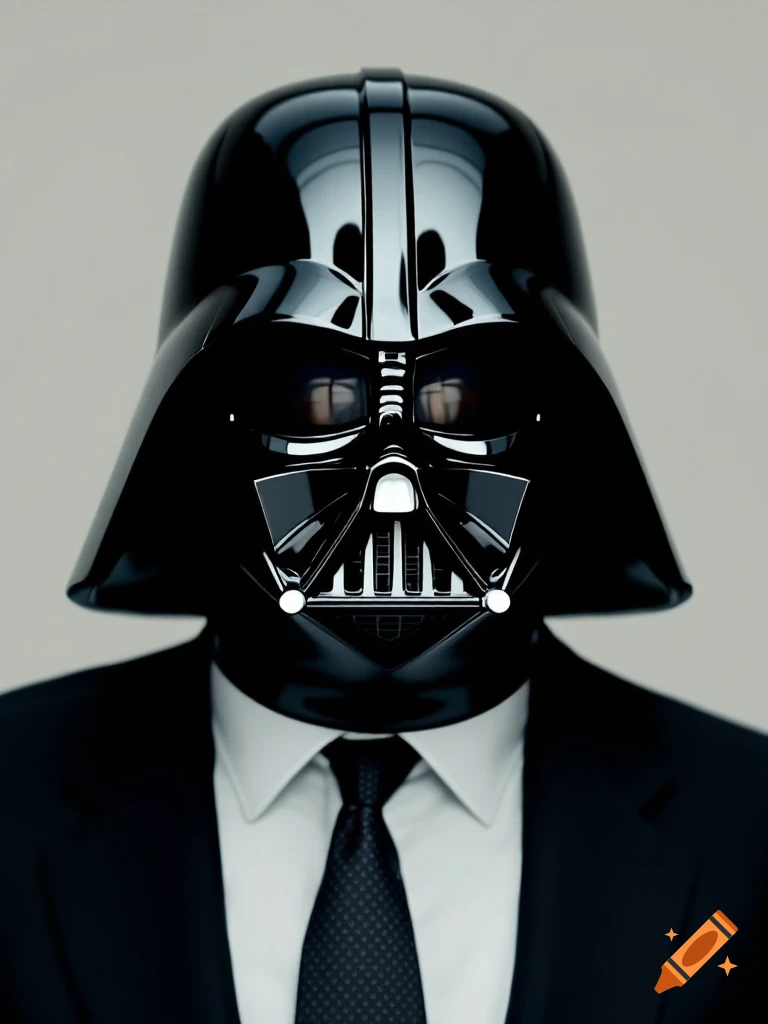 A person wearing a black suit and tie with a Darth Vader helmet.