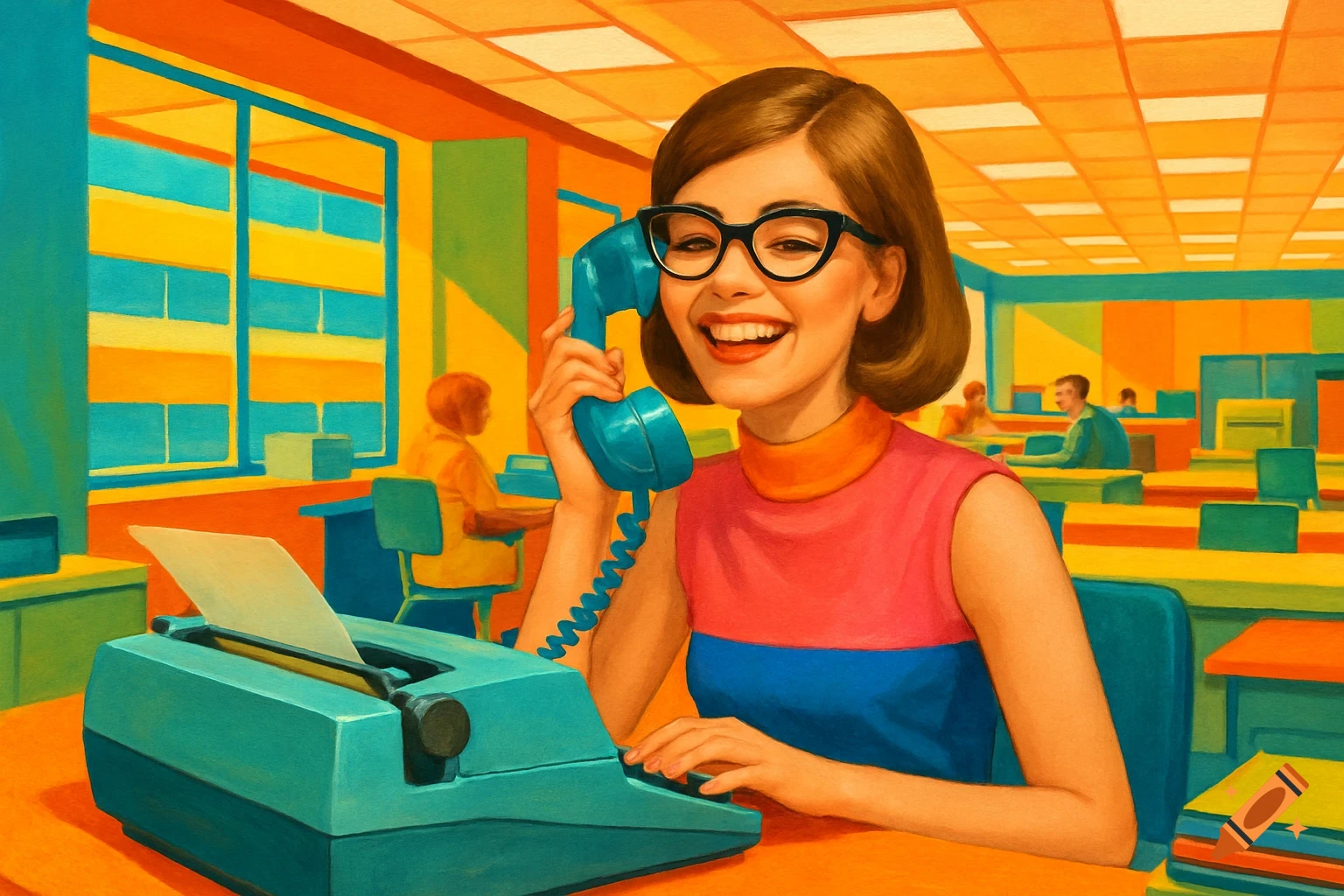 A smiling woman in a retro office talks on a blue phone next to a typewriter.