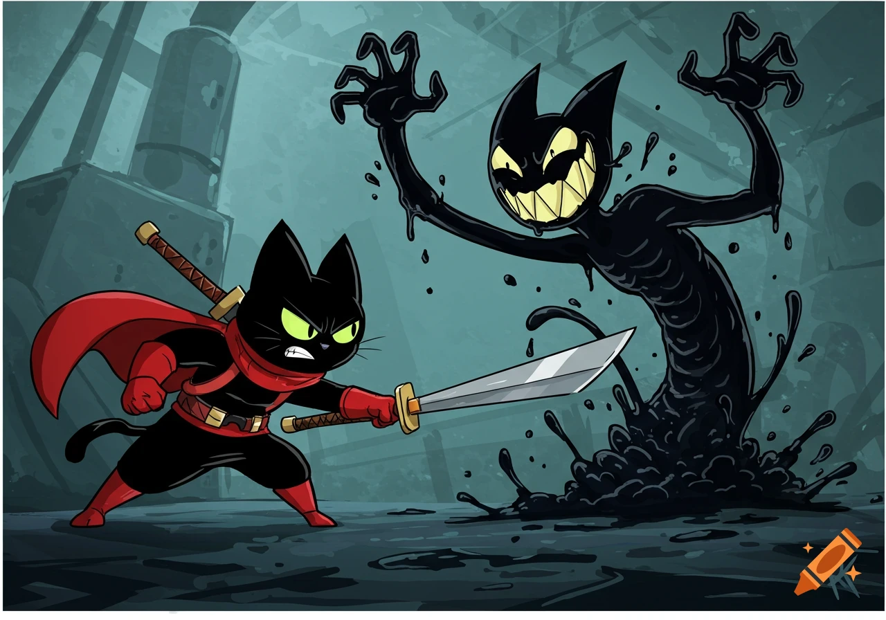 Cartoon illustration of a black cat superhero fighting an inky monster with a sword.