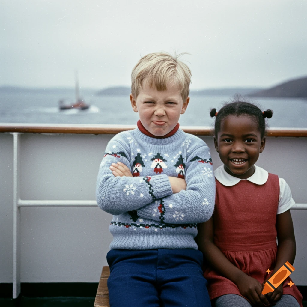 Vintage photo of a boy with crossed arms and a funny face next to a smiling girl on a boat deck.