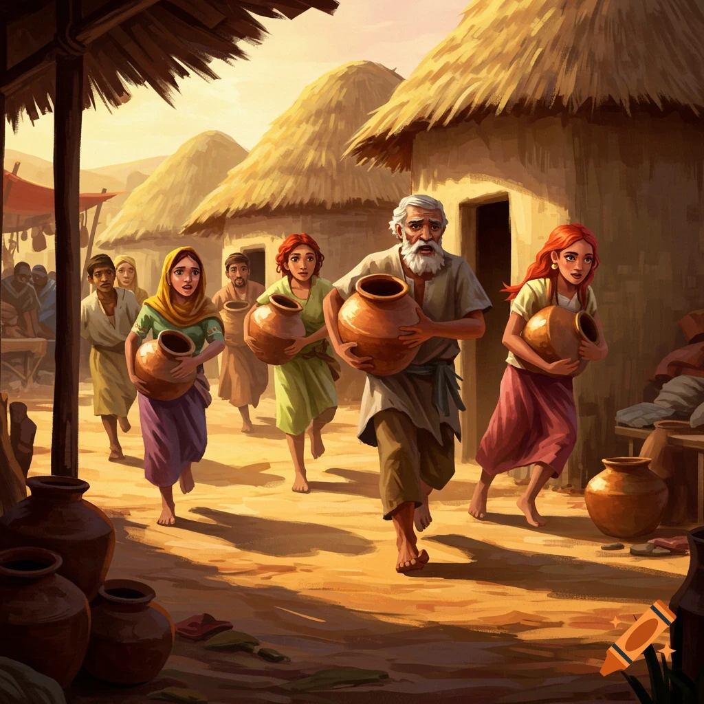 People running with pots through a village of huts.