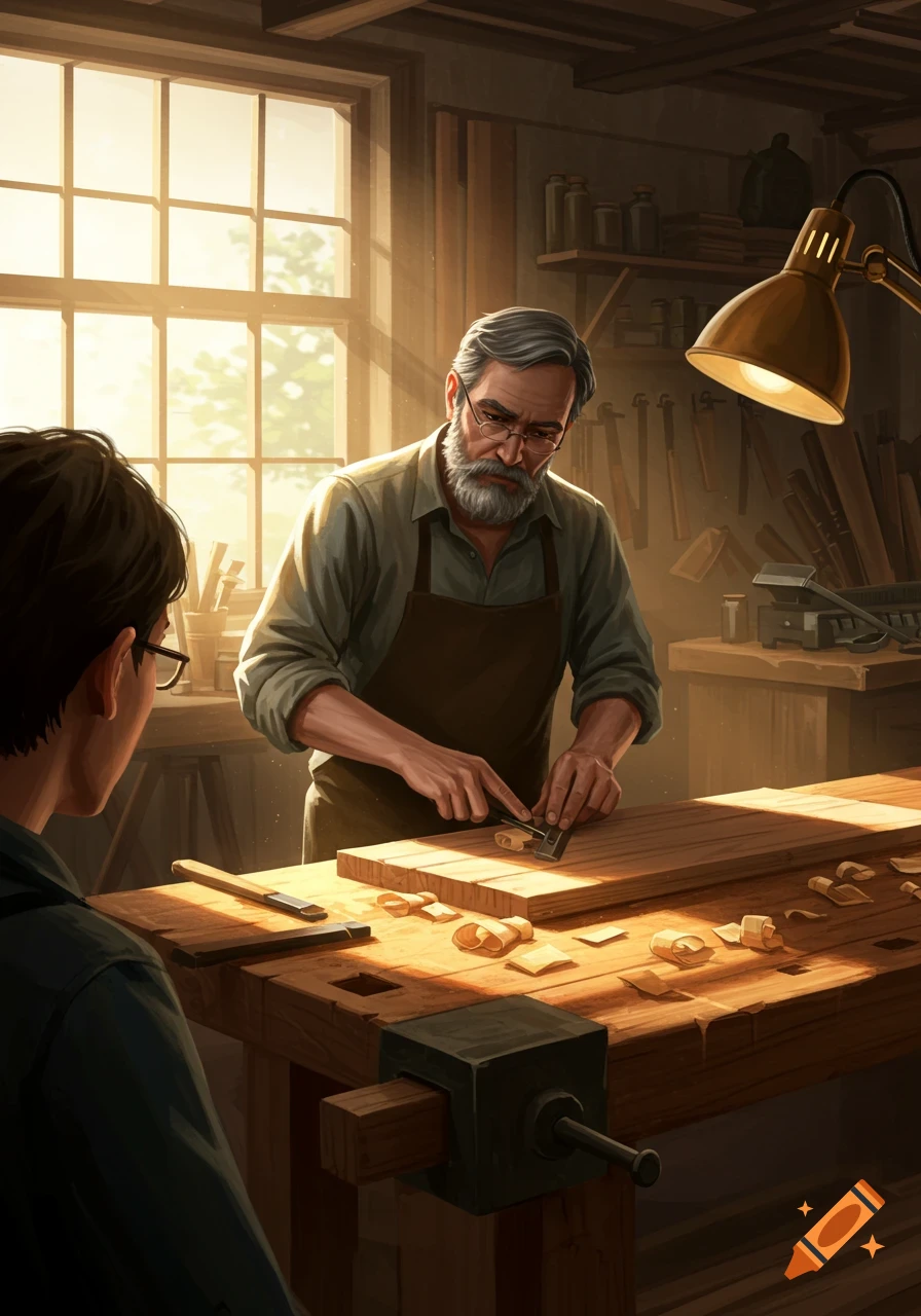 Image of a woodworker at a workbench in a sunny workshop, with another person watching.