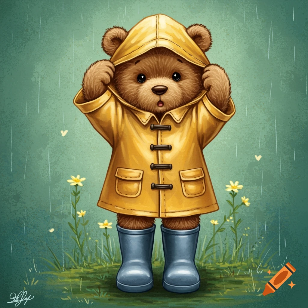 A cute teddy bear in a yellow raincoat and blue boots stands in the rain among small yellow flowers.