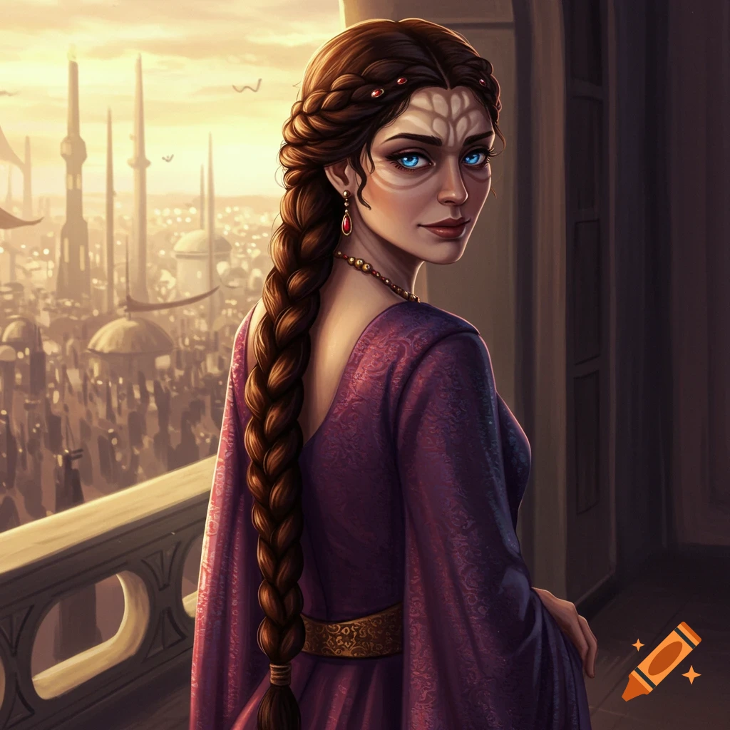 A woman stands on a balcony, gazing out at a sprawling futuristic city.