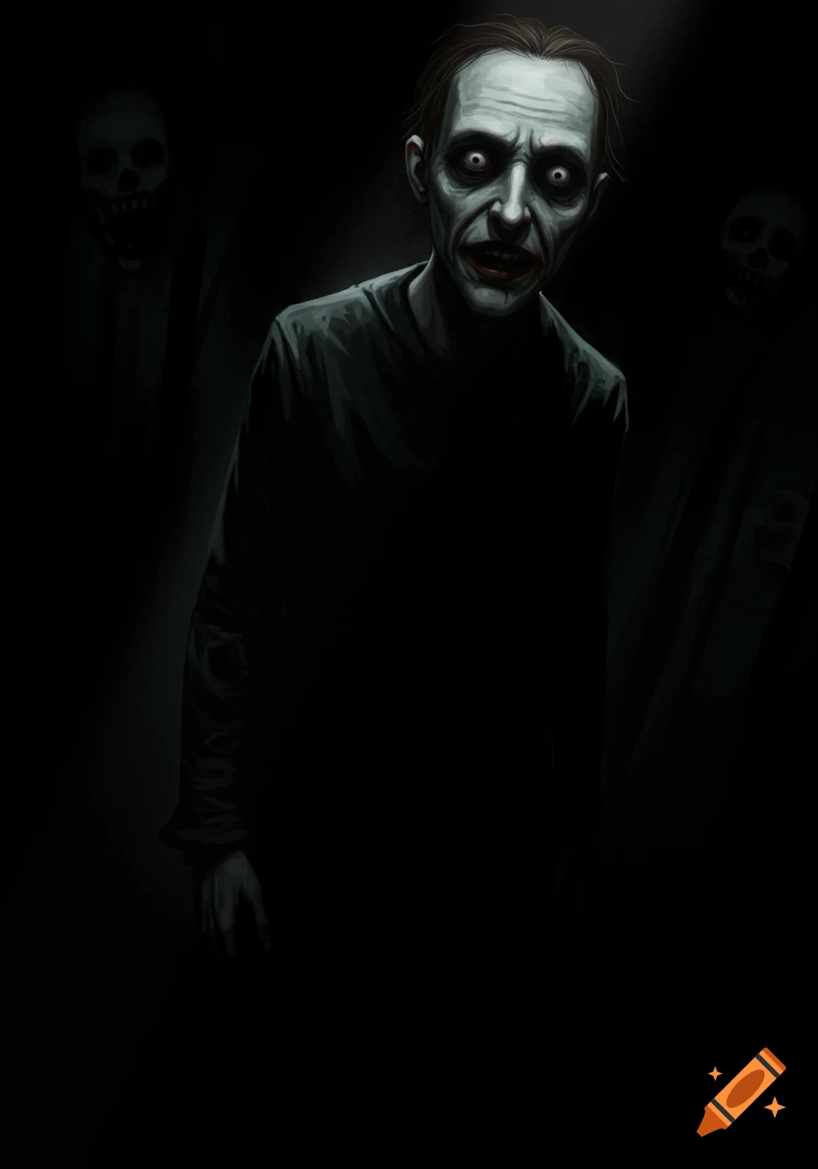 A creepy figure with wide eyes and a grin in the dark with shadowy figures.