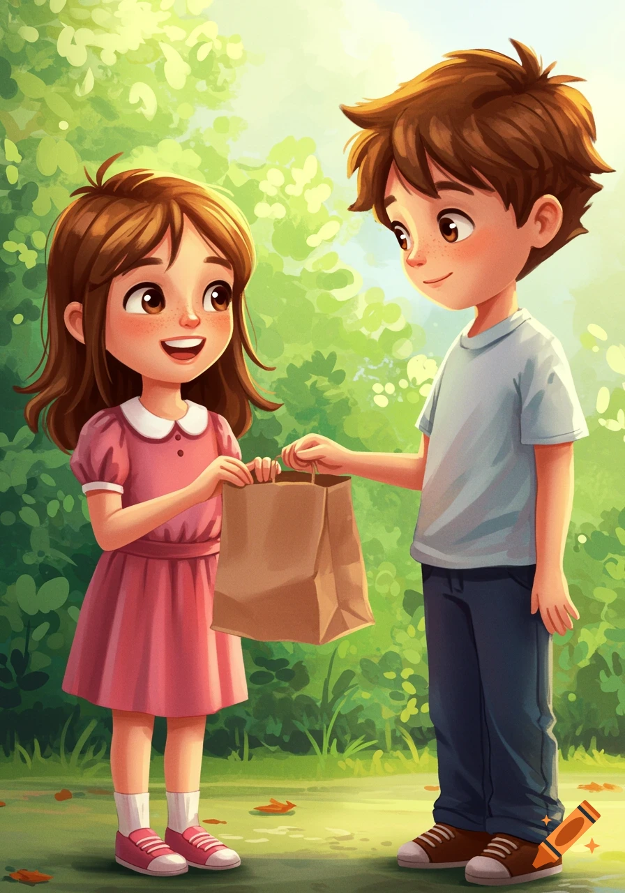 Whimsical illustration of a cartoon boy handing a paper bag to a smiling cartoon girl in a park setting.