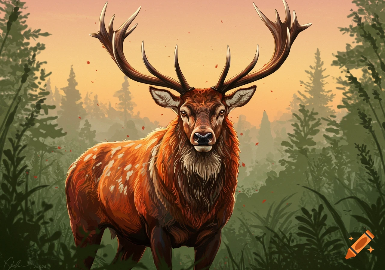 A large elk with big antlers stands in a forest at sunset.