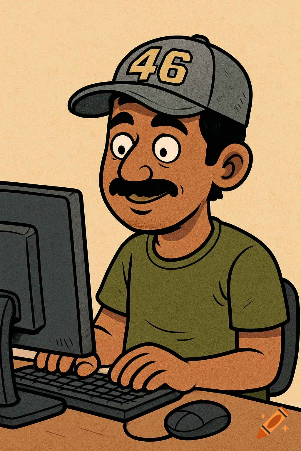 A cartoon man with a mustache and a cap with the number 46 on it sits at a computer.