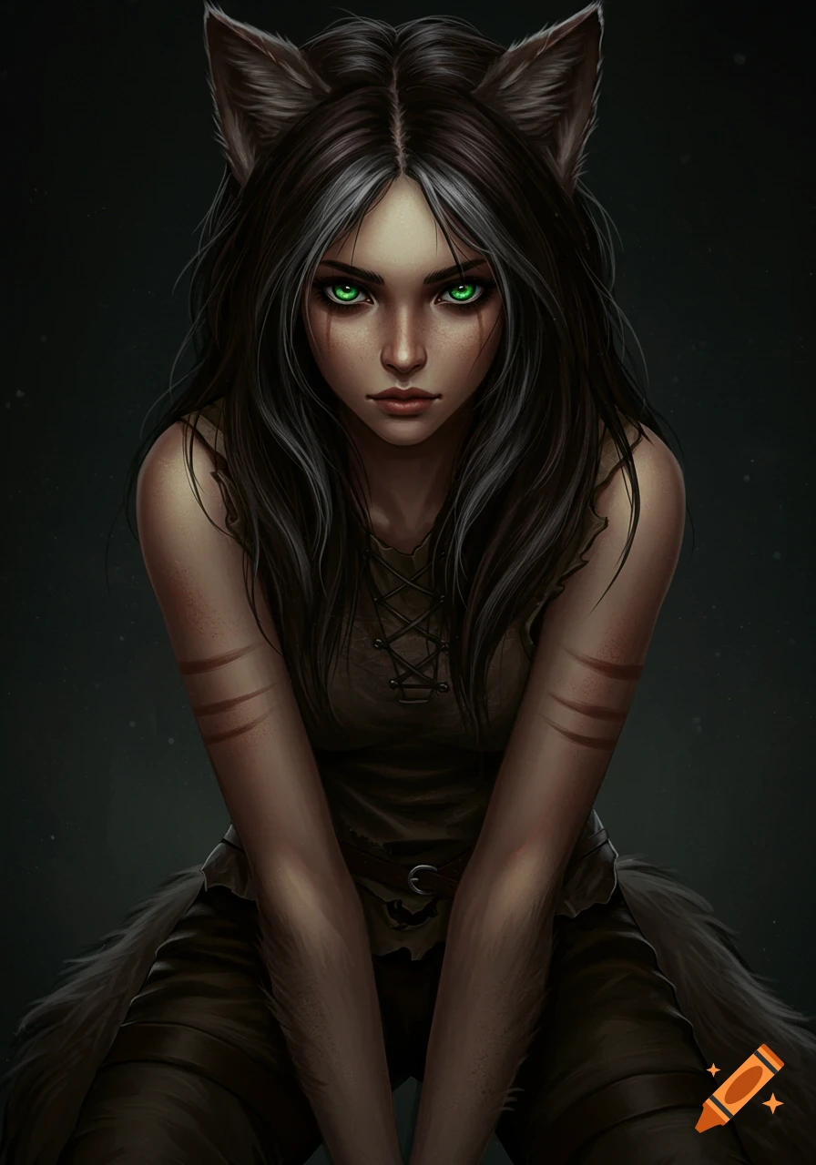 Image of a cat girl with green eyes and dark hair.