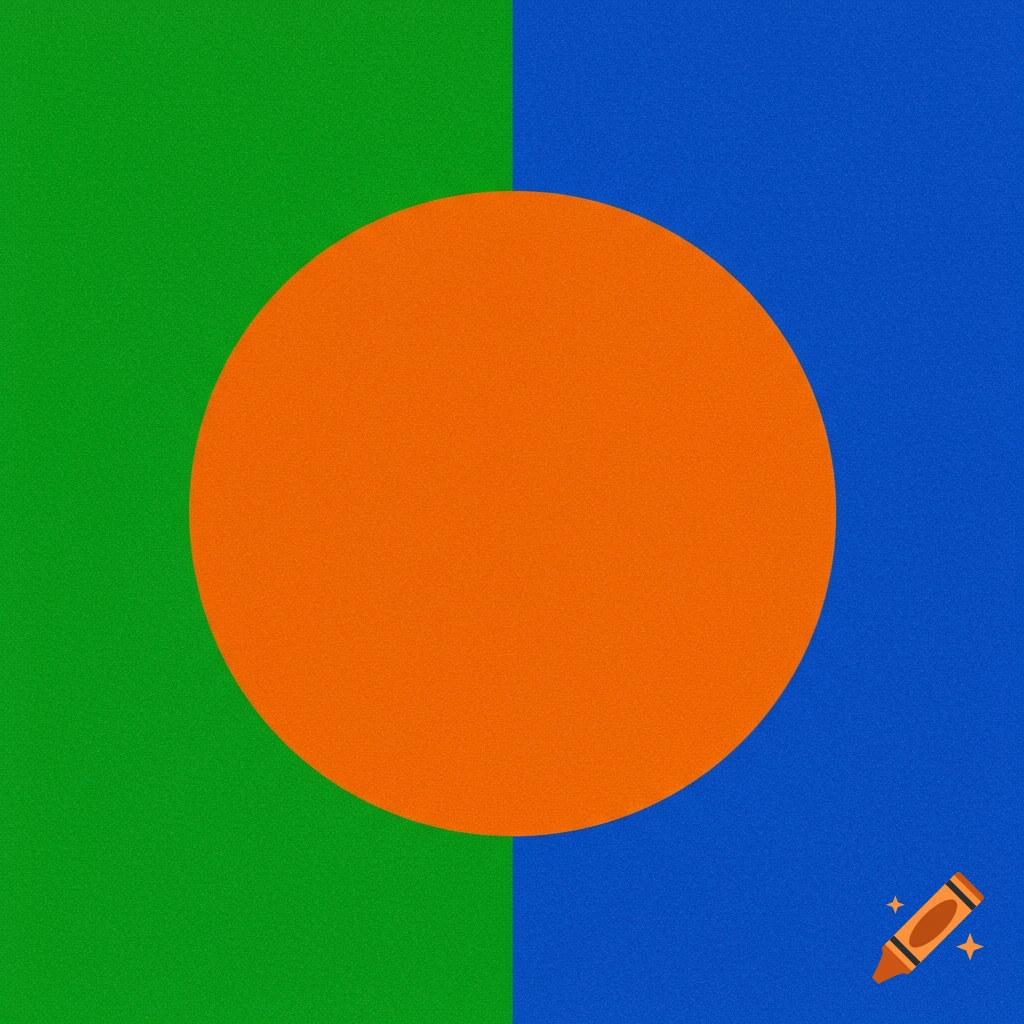 An orange circle on a background split half green on the left and half blue on the right.