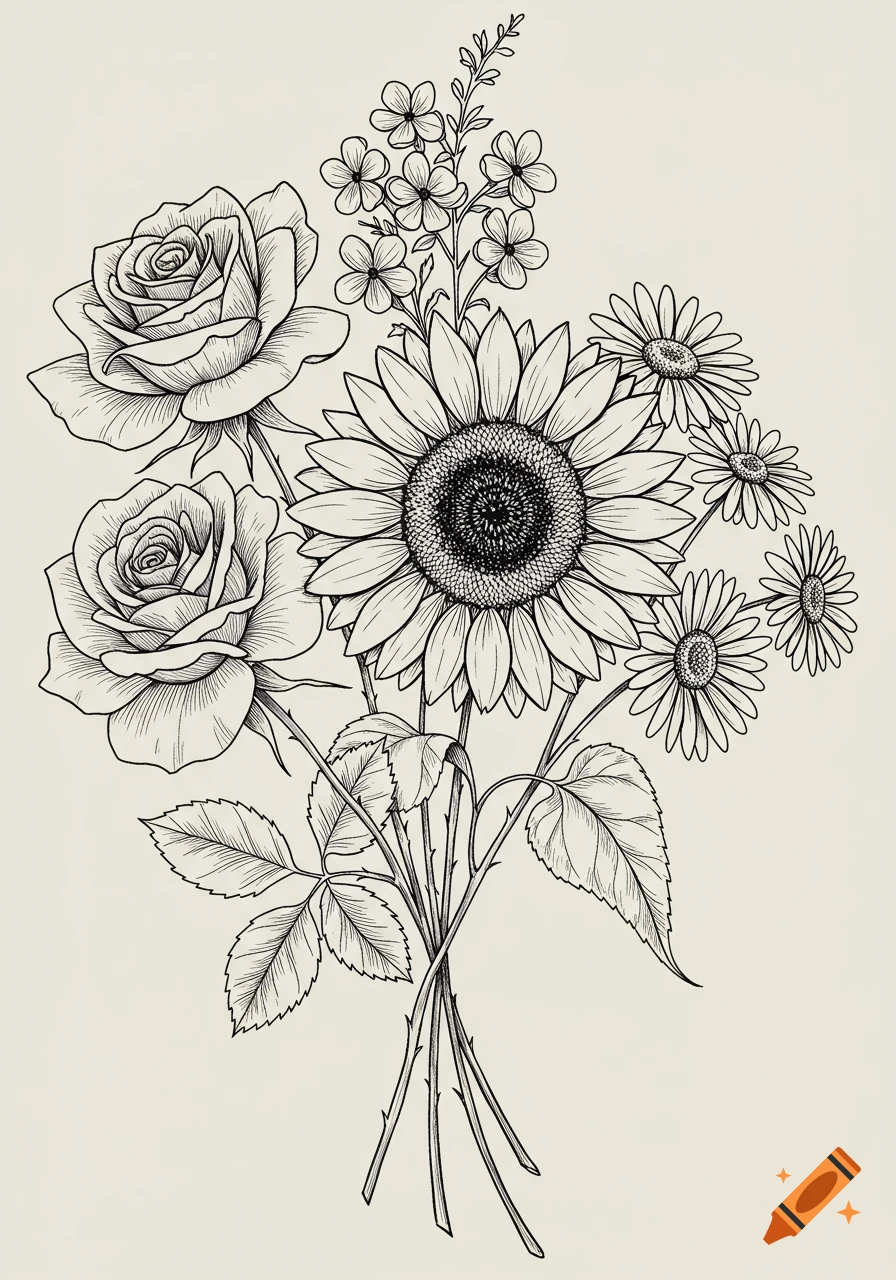 A black and white outline drawing of a bouquet of roses, a sunflower, and daisies.
