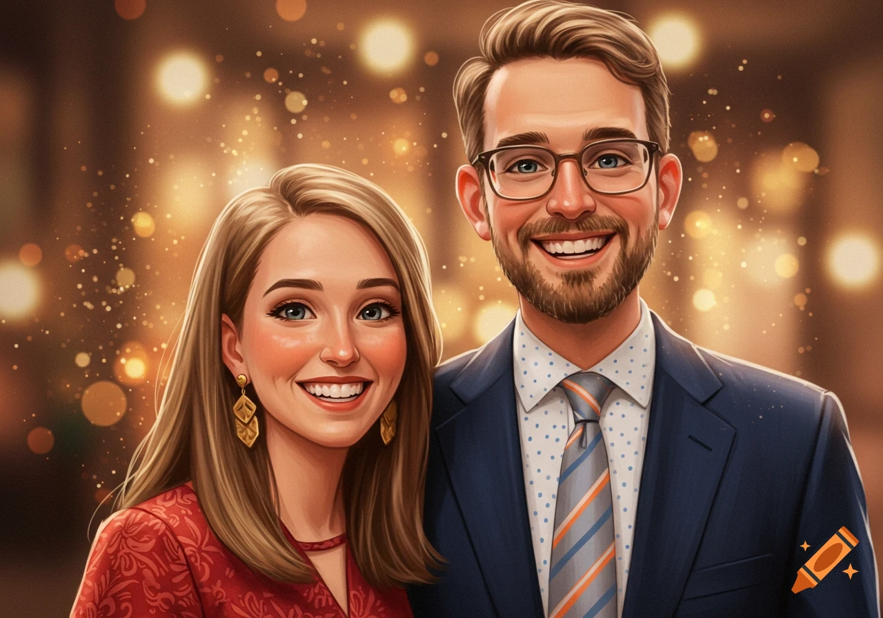 A smiling couple, against a blurred background with lights.