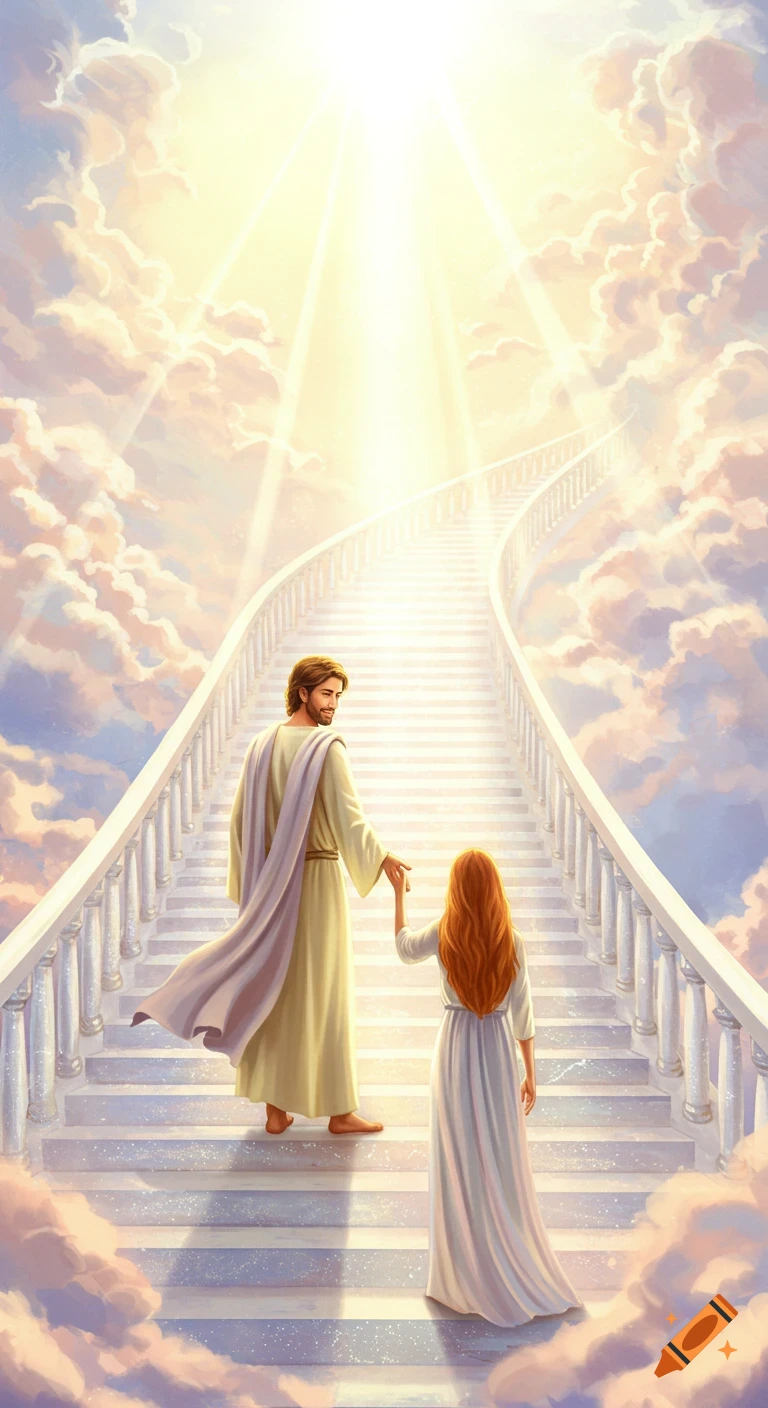 a man reaching for a woman on a heavenly staircase through clouds