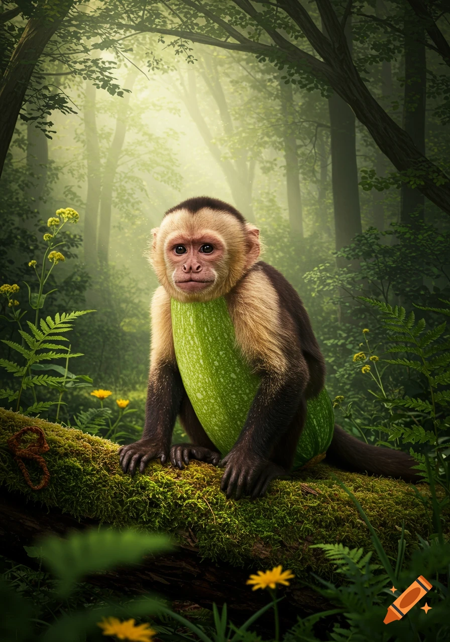 A capuchin monkey fused with a zucchini sits on a mossy log in a forest.