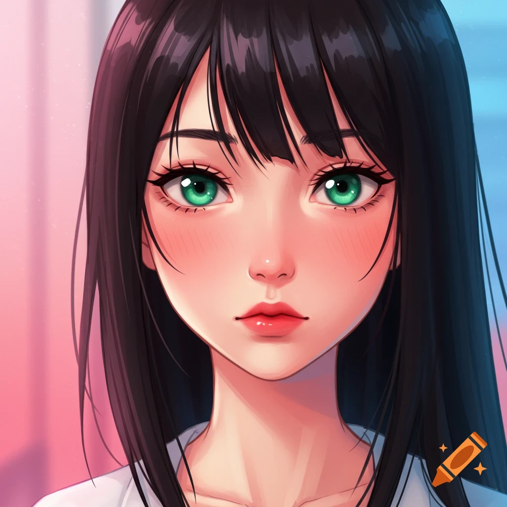Anime portrait of a girl with black hair and green eyes