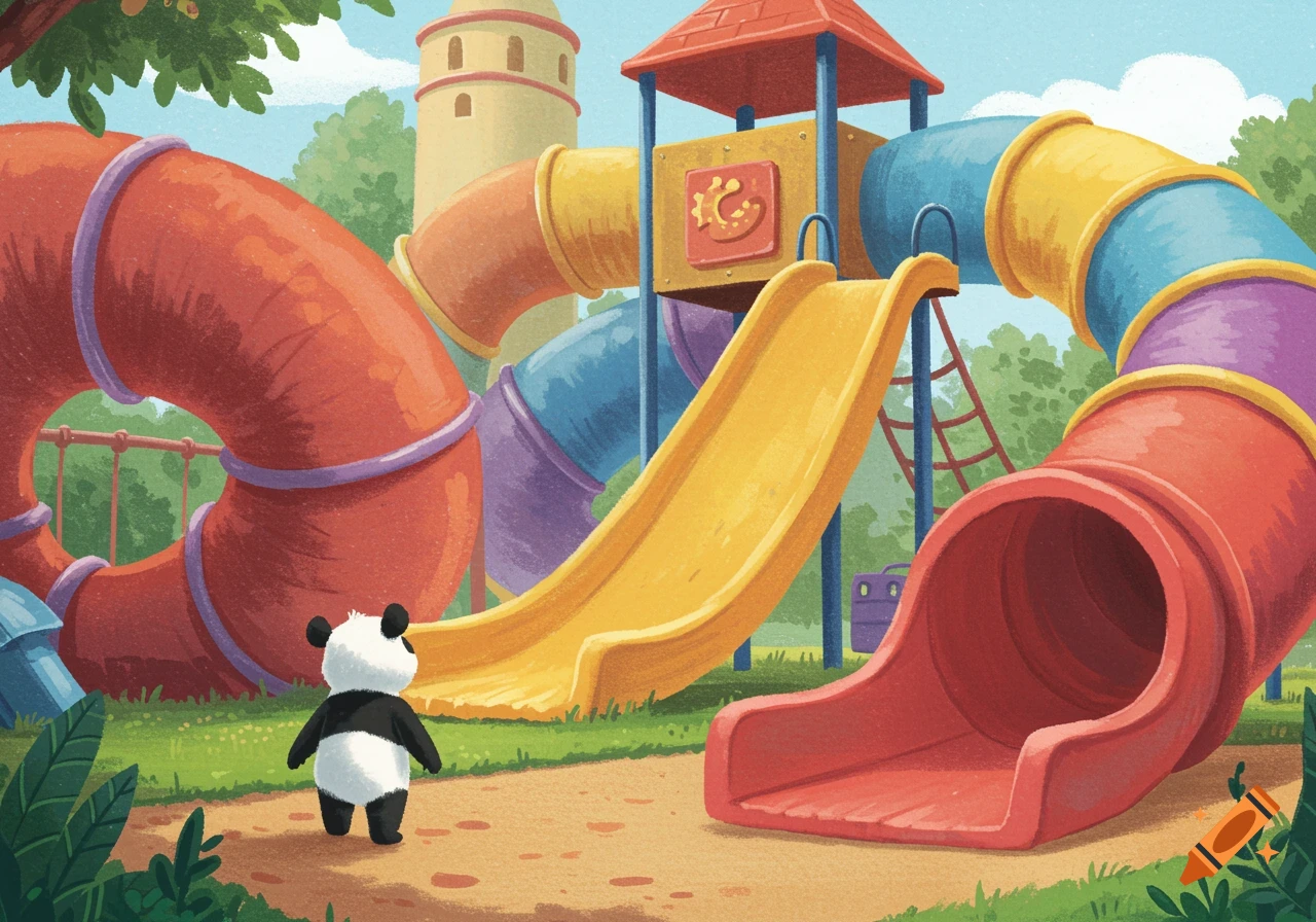 A small panda looks at a large, colorful playground with tubes and slides, illustrated in a textured style.