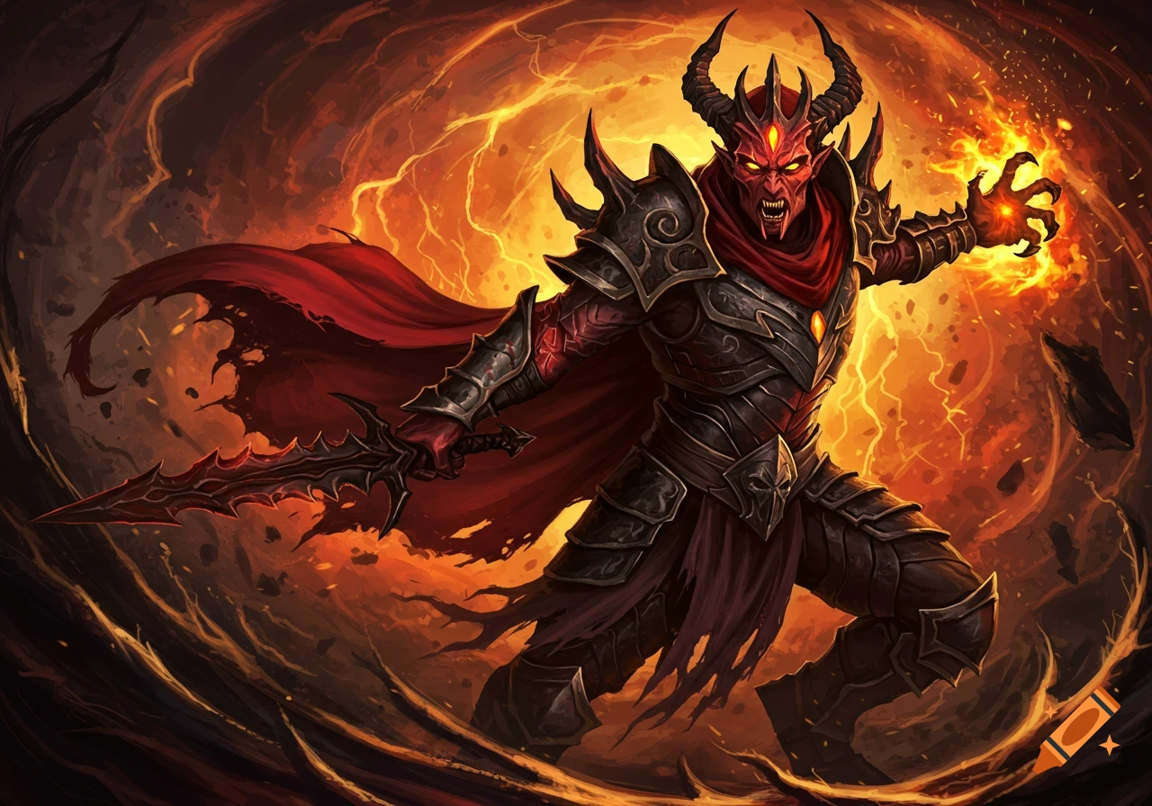 Painting of a horned demon in armor, holding a sword and fire, against a chaotic background.