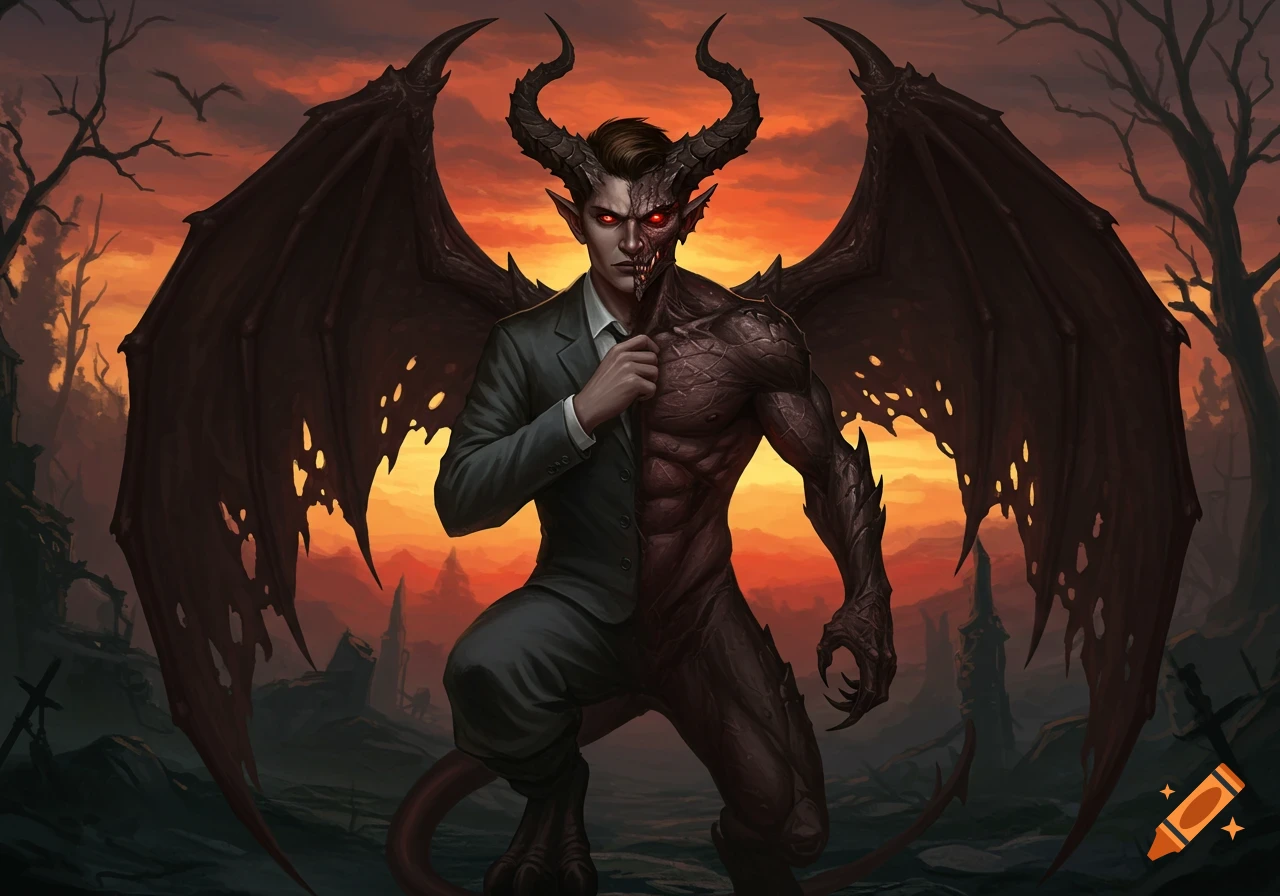 A figure that is half man in a suit and half demon with horns, wings, and a tail, kneeling in a desolate landscape under an orange sky.