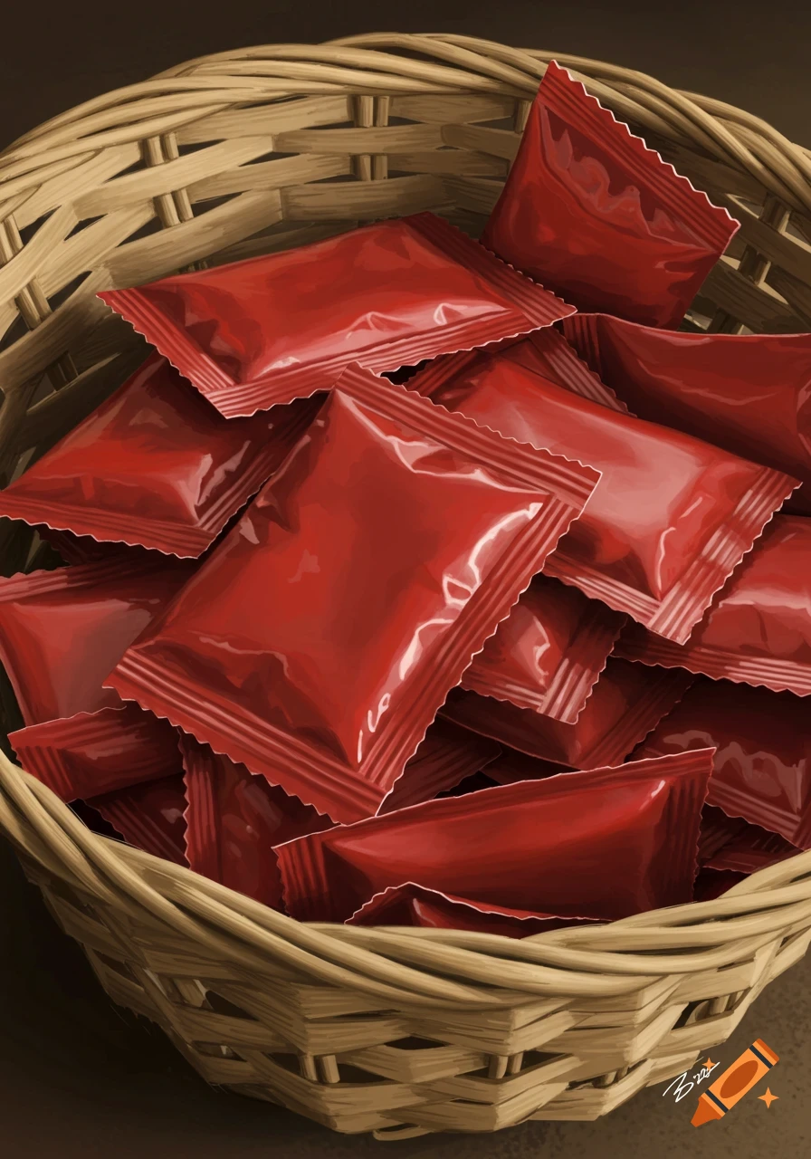 Red ketchup packets in a woven basket.