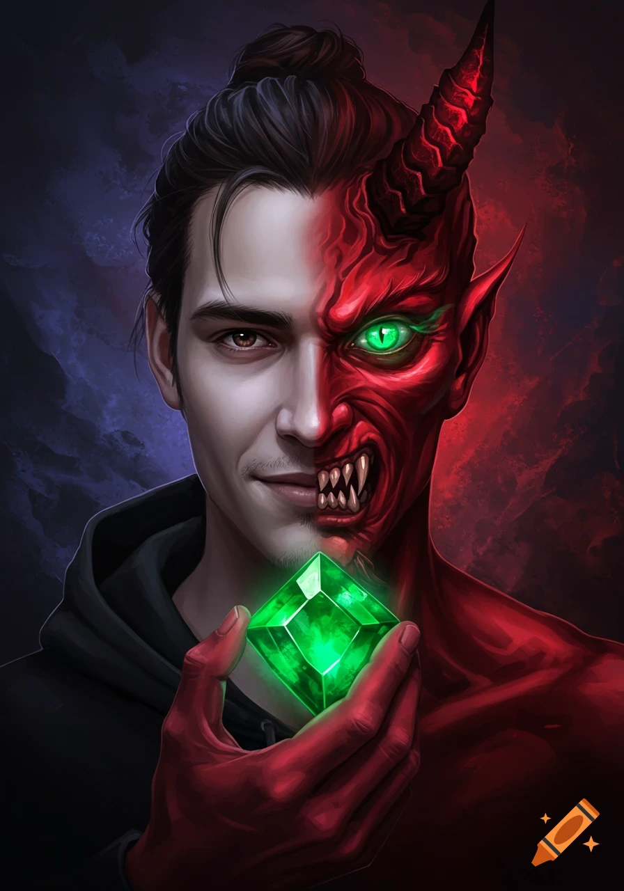 A man with a half-demon face holding a glowing green gem