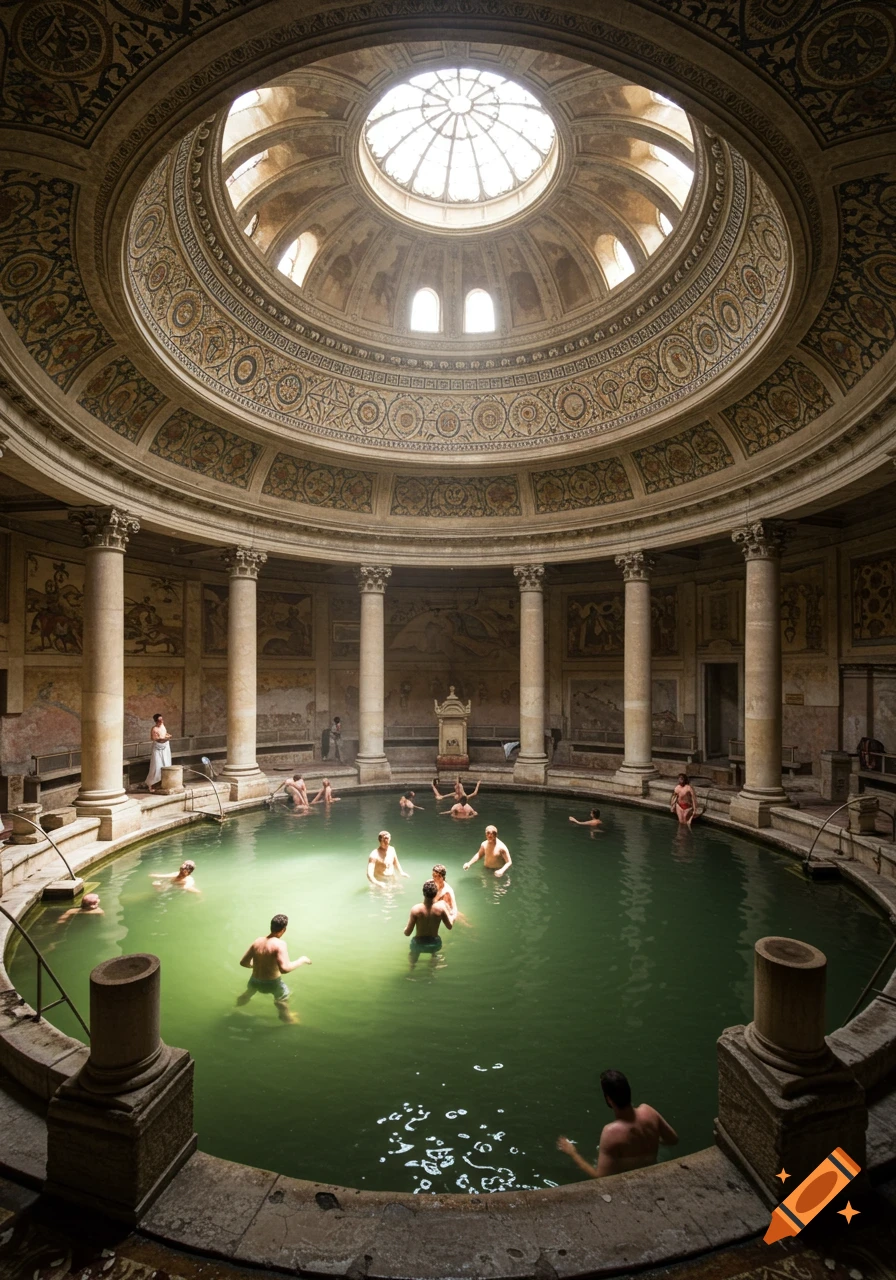 A large Roman bath with people swimming in green water under a detailed domed ceiling with a skylight.
