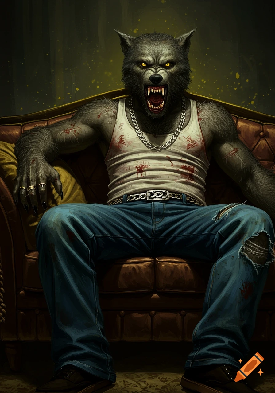 A werewolf in a tank top and jeans is sitting on a couch.