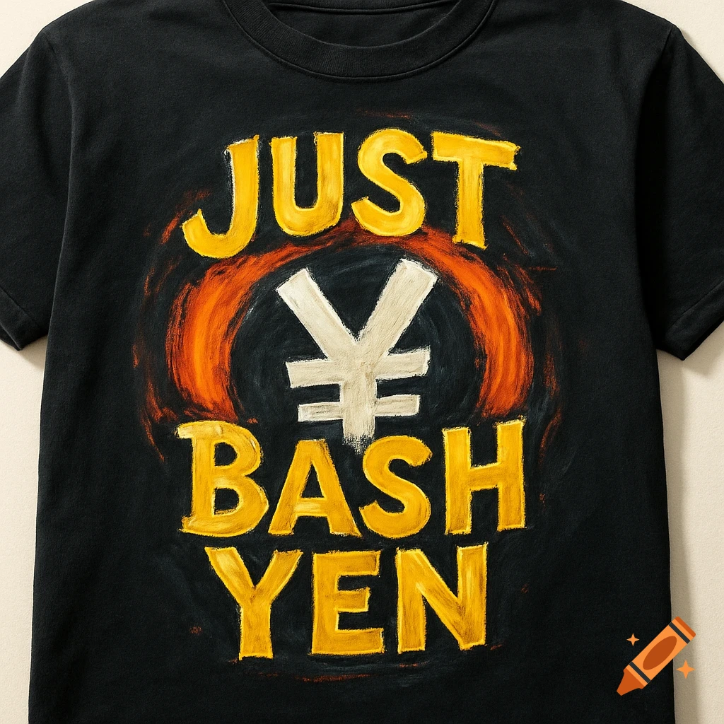 A black t-shirt with the text 'JUST' and 'BASH YEN' in yellow surrounding a Yen symbol () with an orange glow.
