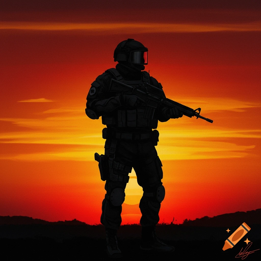 silhouette of a SWAT officer holding a rifle against an orange and red sunset.