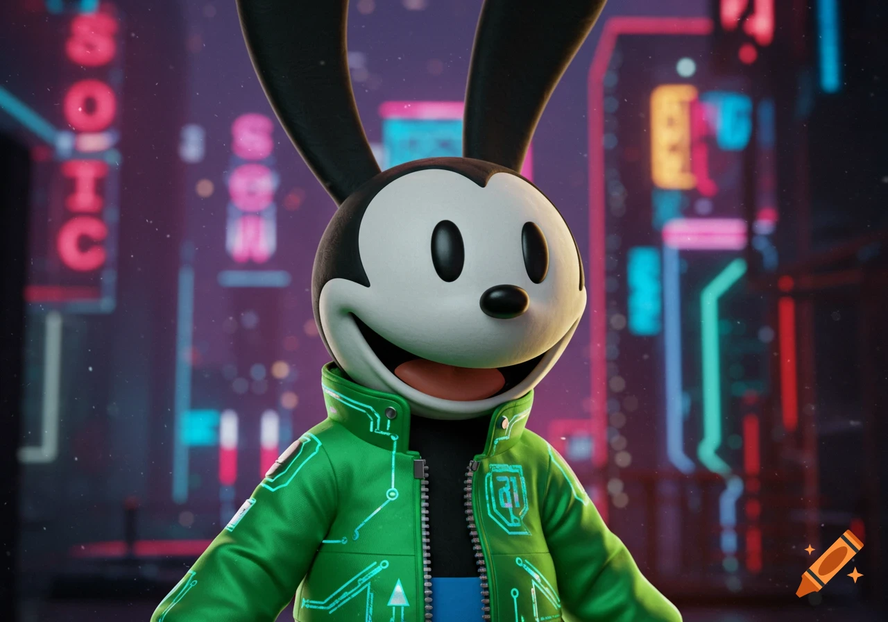 Oswald the Lucky Rabbit in a green circuit jacket in a