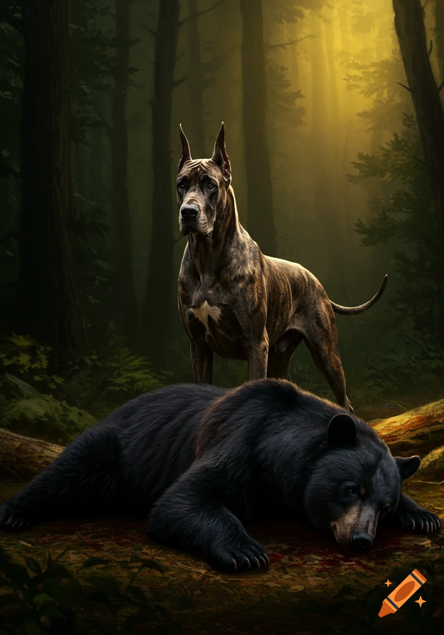 A Great Dane standing over a defeated black bear in a forest.