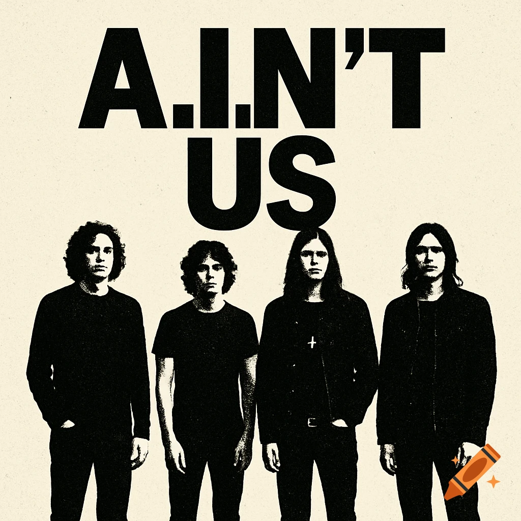 Four men standing under large text 'A.I.N'T US' in a distressed graphic style.