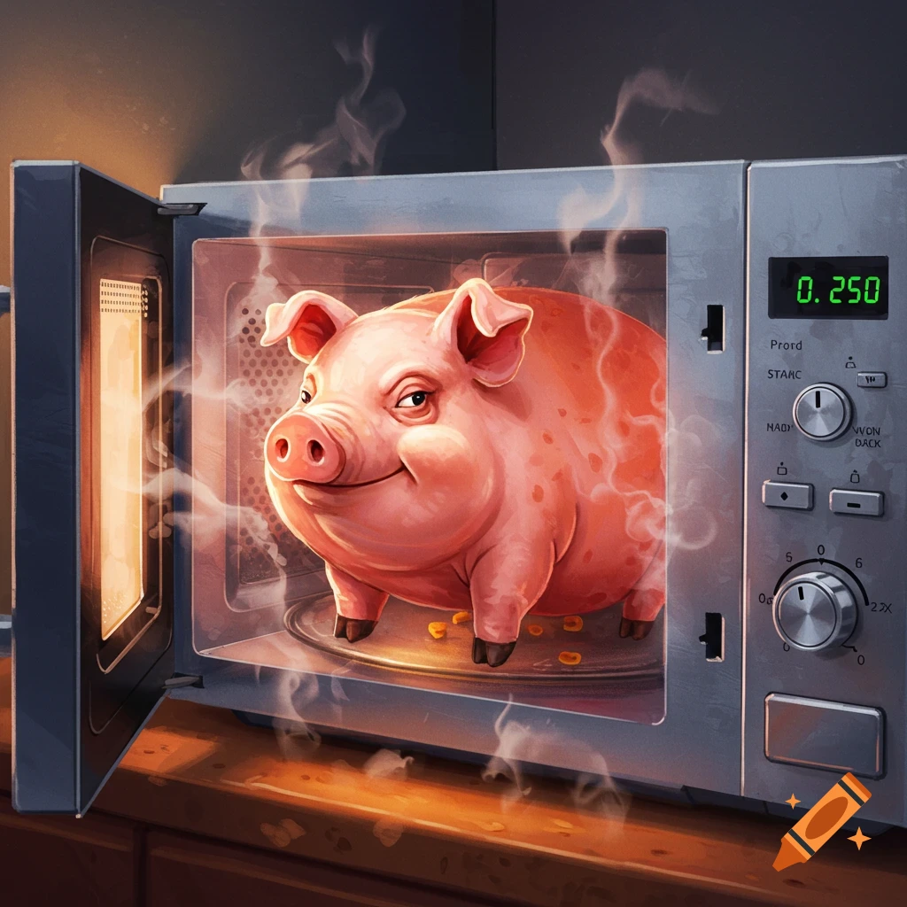 A cartoon pig standing inside an open microwave oven with steam rising.