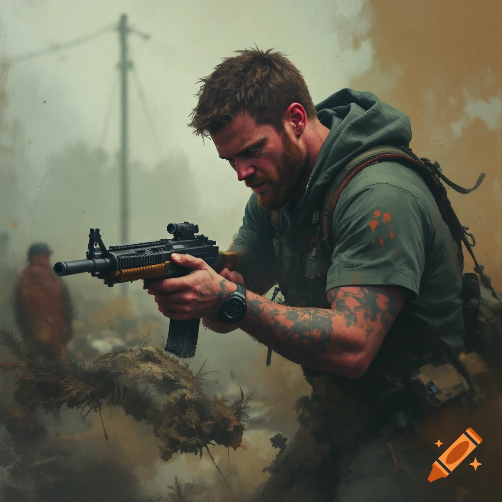 A man in military gear is holding a rifle in a dusty, blurry environment.