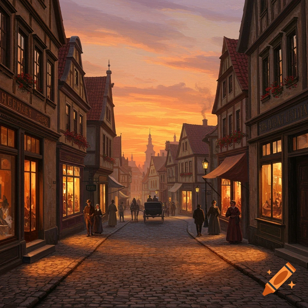 Old European street at sunset with people and a horse carriage.