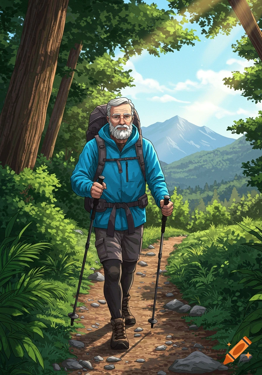 An older man is hiking on a forest trail with trekking poles and a backpack, with mountains in the background.