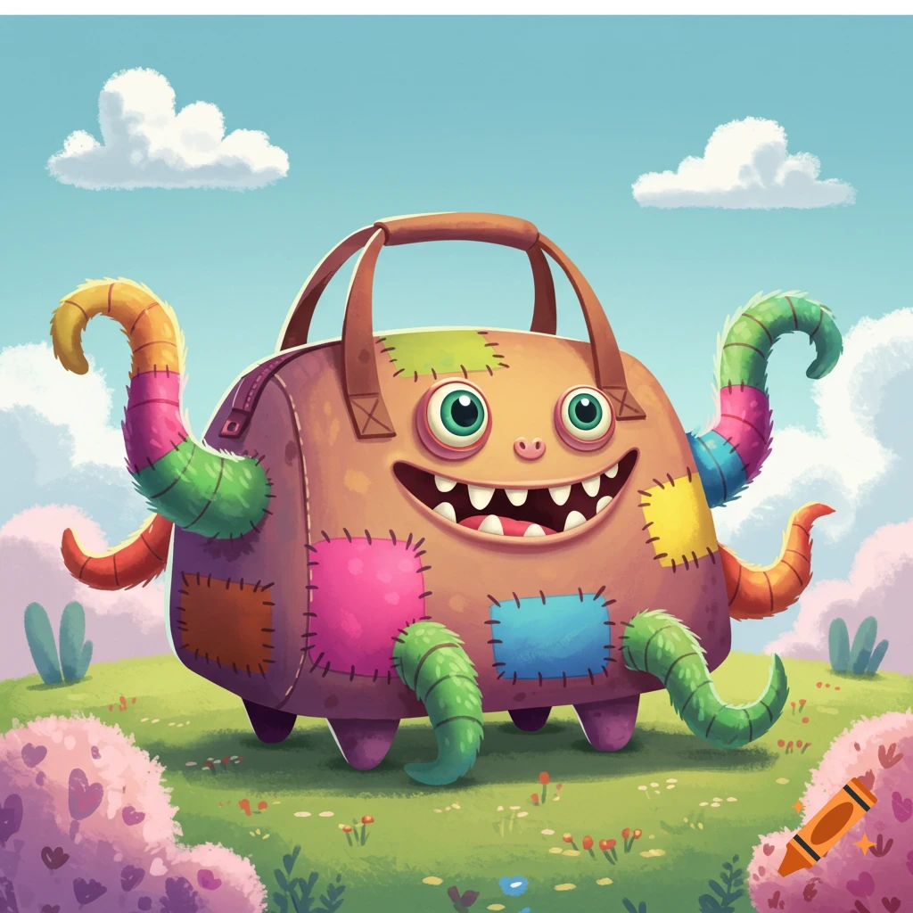 A whimsical illustration of a cute brown bag monster with colorful striped tentacles and green eyes in a field.