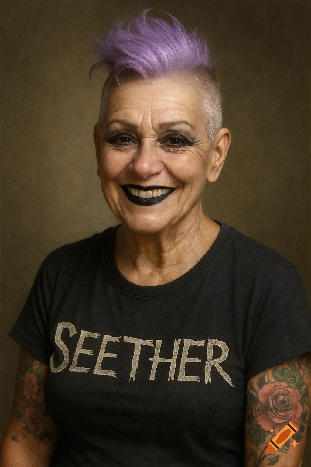 A smiling older woman with a purple mohawk, goth makeup, and tattoos, wearing a black 'SEETHER' t-shirt.