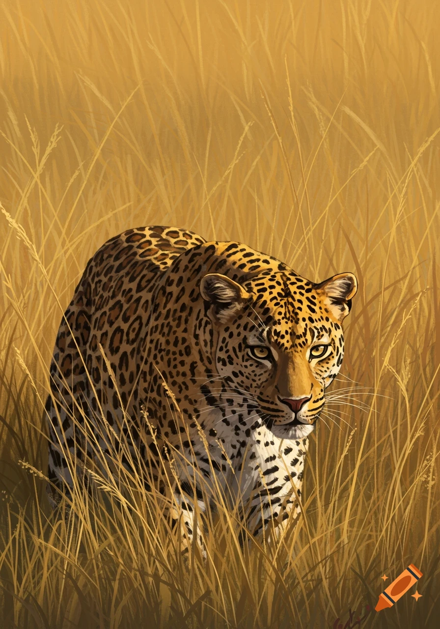 A leopard walking through tall, dry grass.