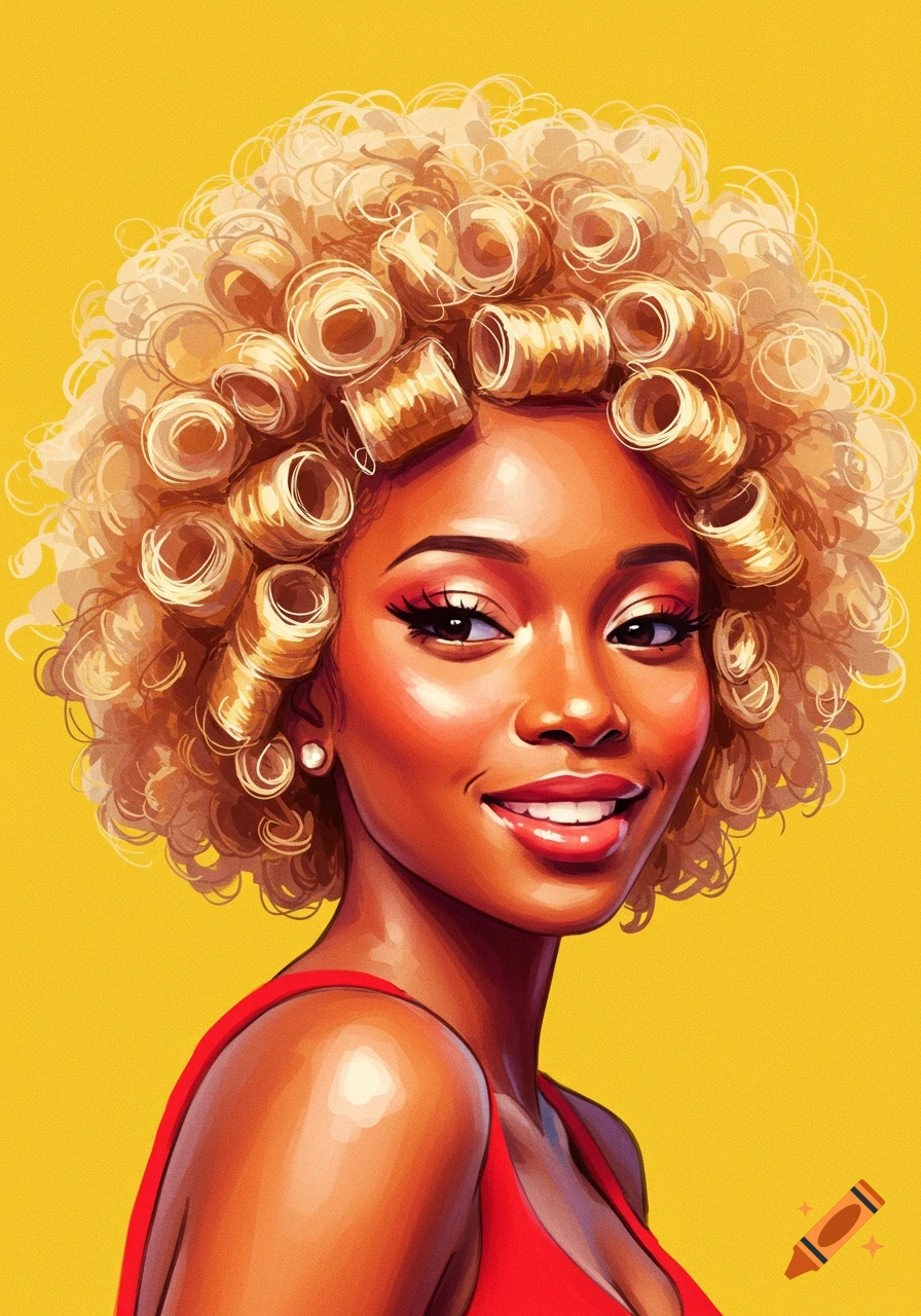 A Black woman with blonde hair in curlers, wearing a red top.