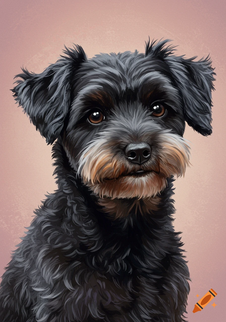 A portrait of a black dog with a brown mustache.