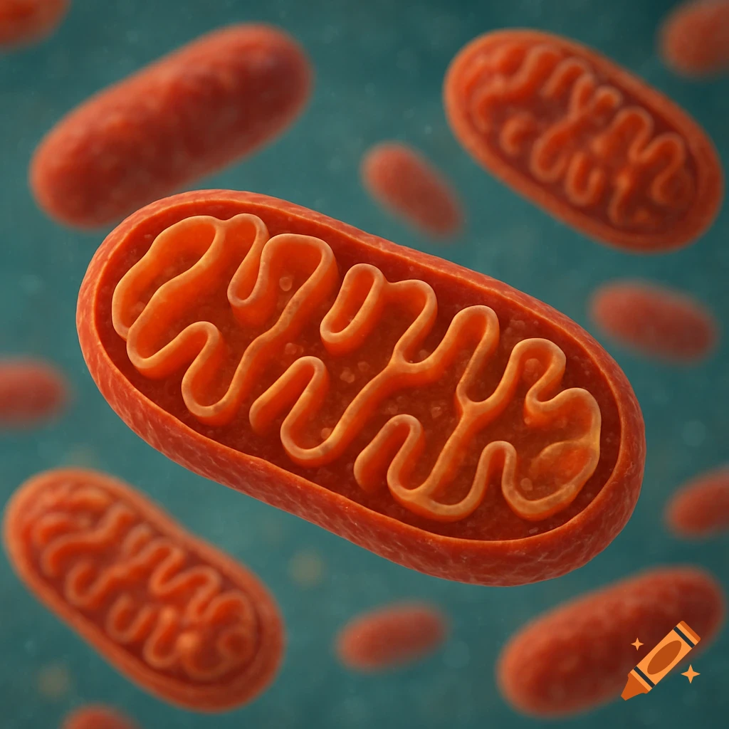 3D illustration of multiple mitochondria floating against a teal background