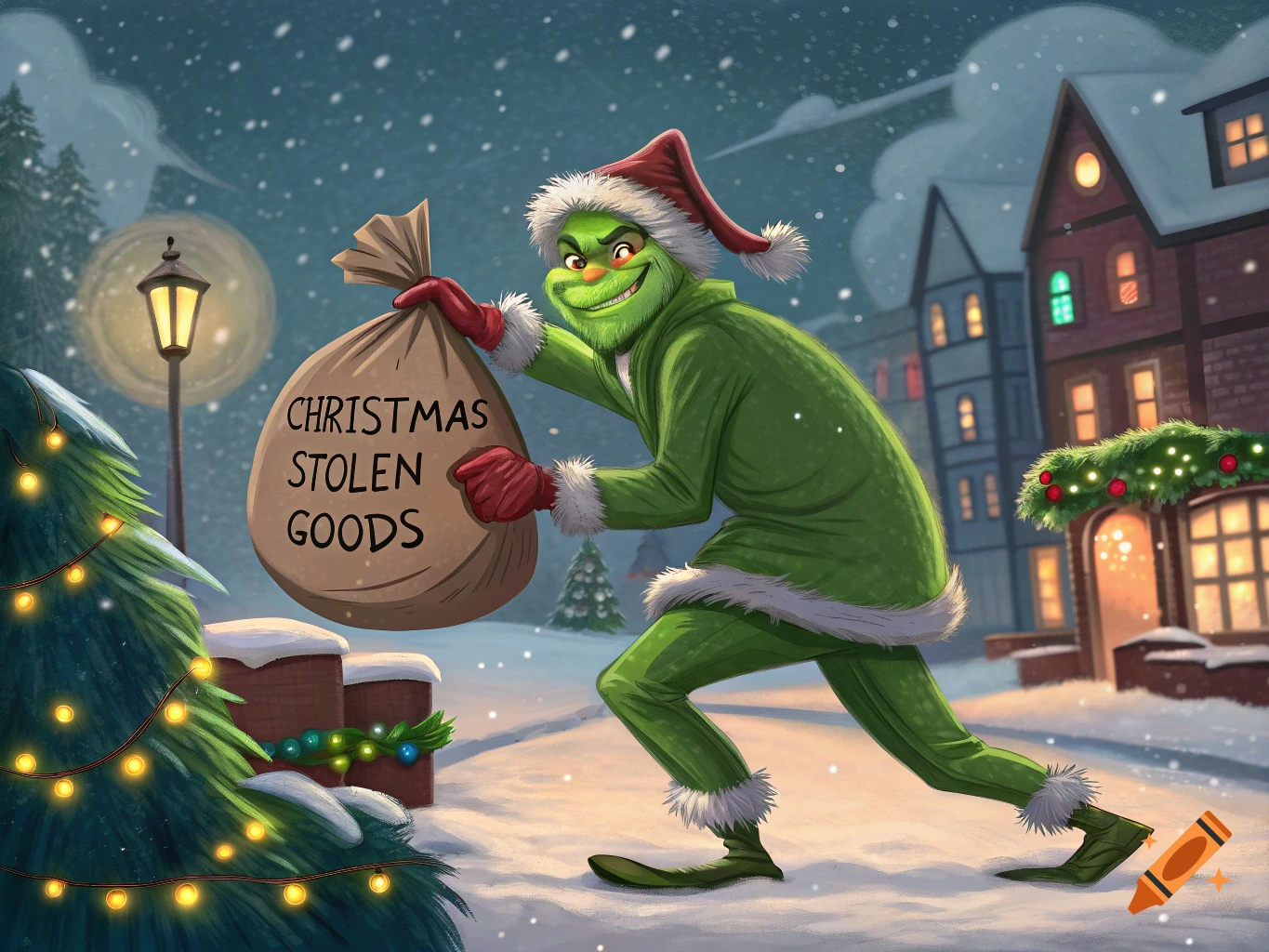 The Grinch dressed as Santa looks angry in a snowy Christmas scene. on ...