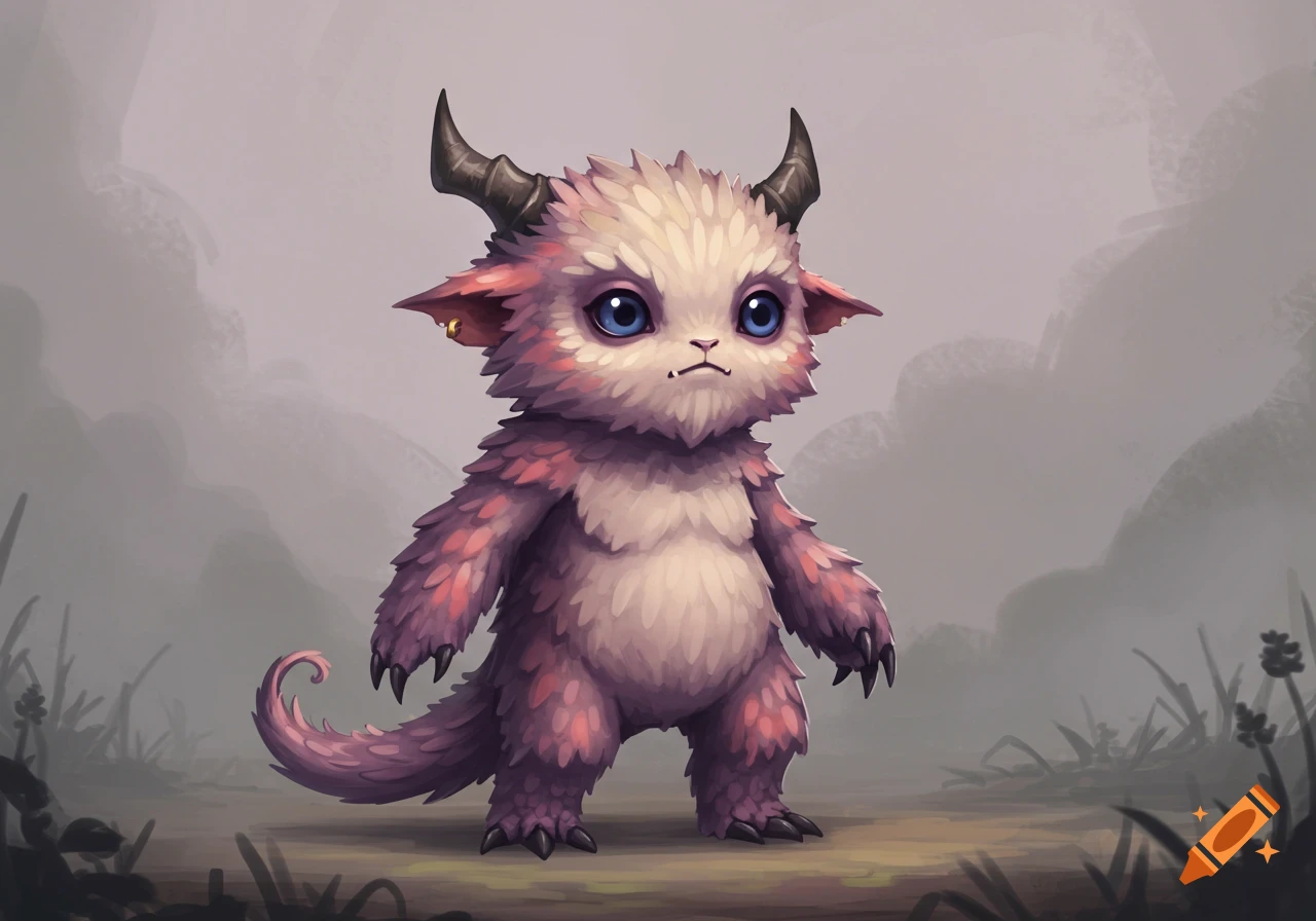 Adorable pink and white fluffy monster with horns and blue eyes