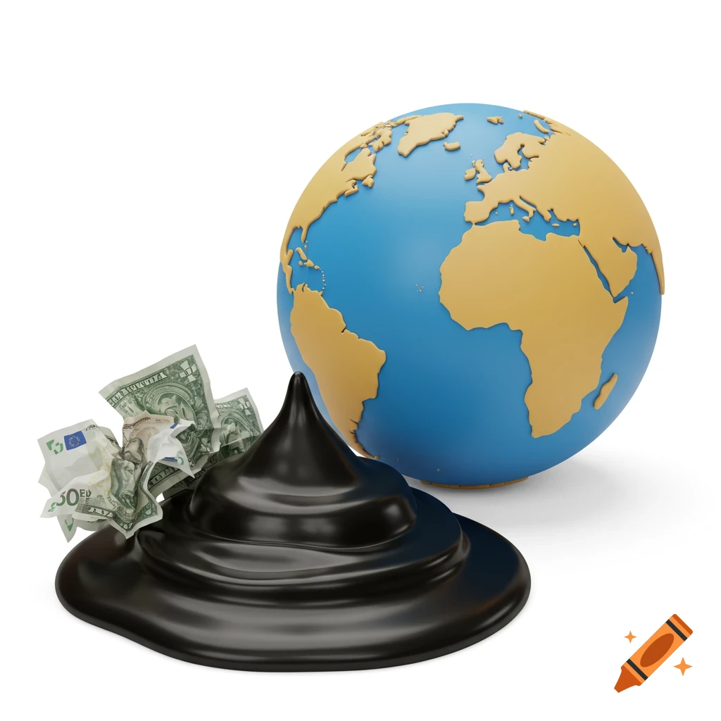Illustration of a globe, a pile of crude oil, and paper money.
