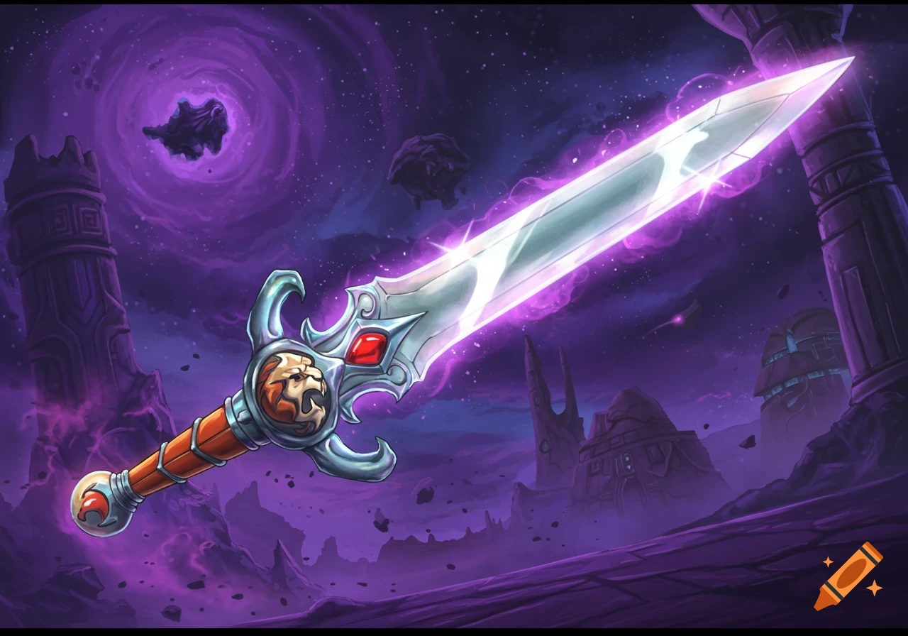 A glowing fantasy sword with a lion emblem floats in purple space ruins.