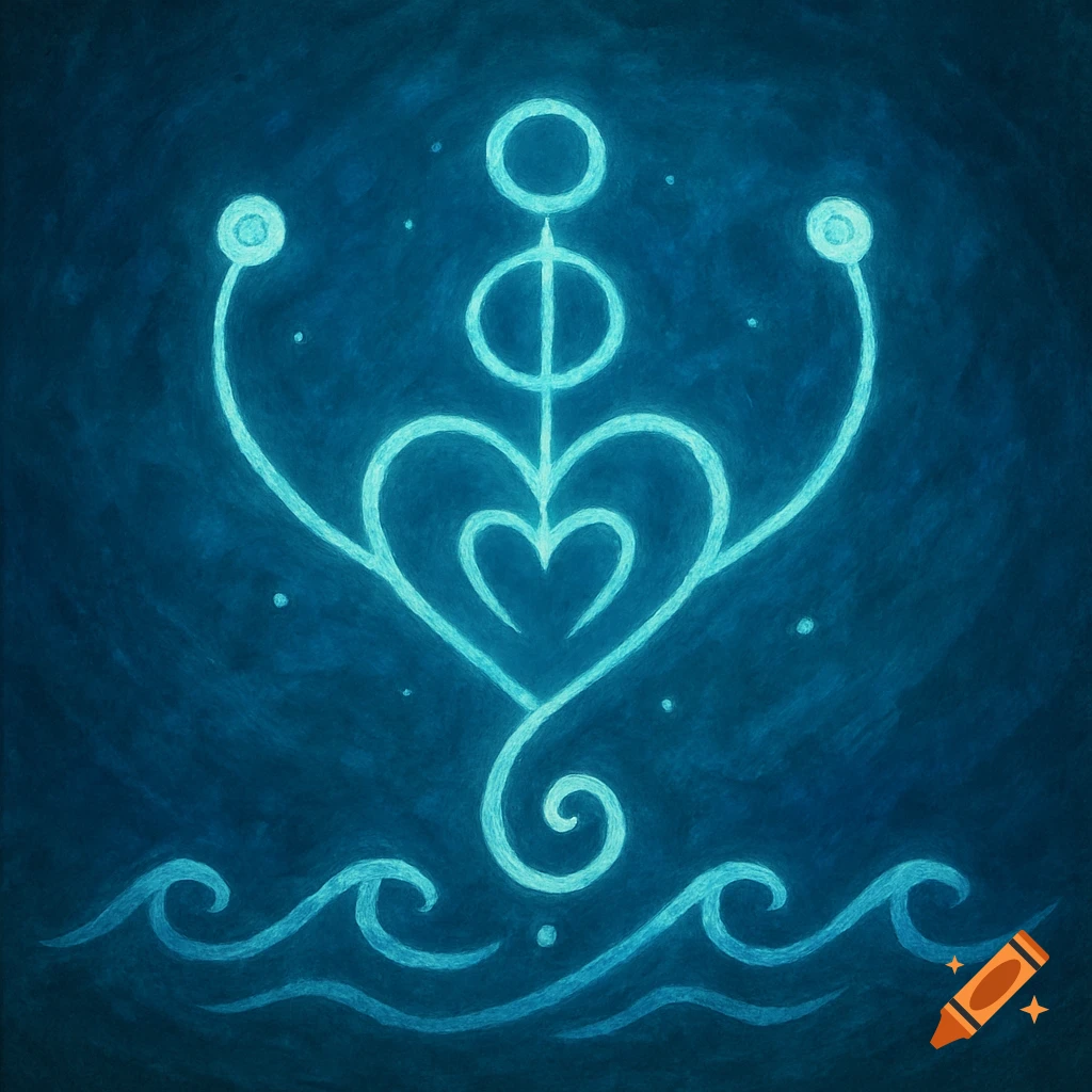 A glowing cyan sigil floats over dark blue waves.